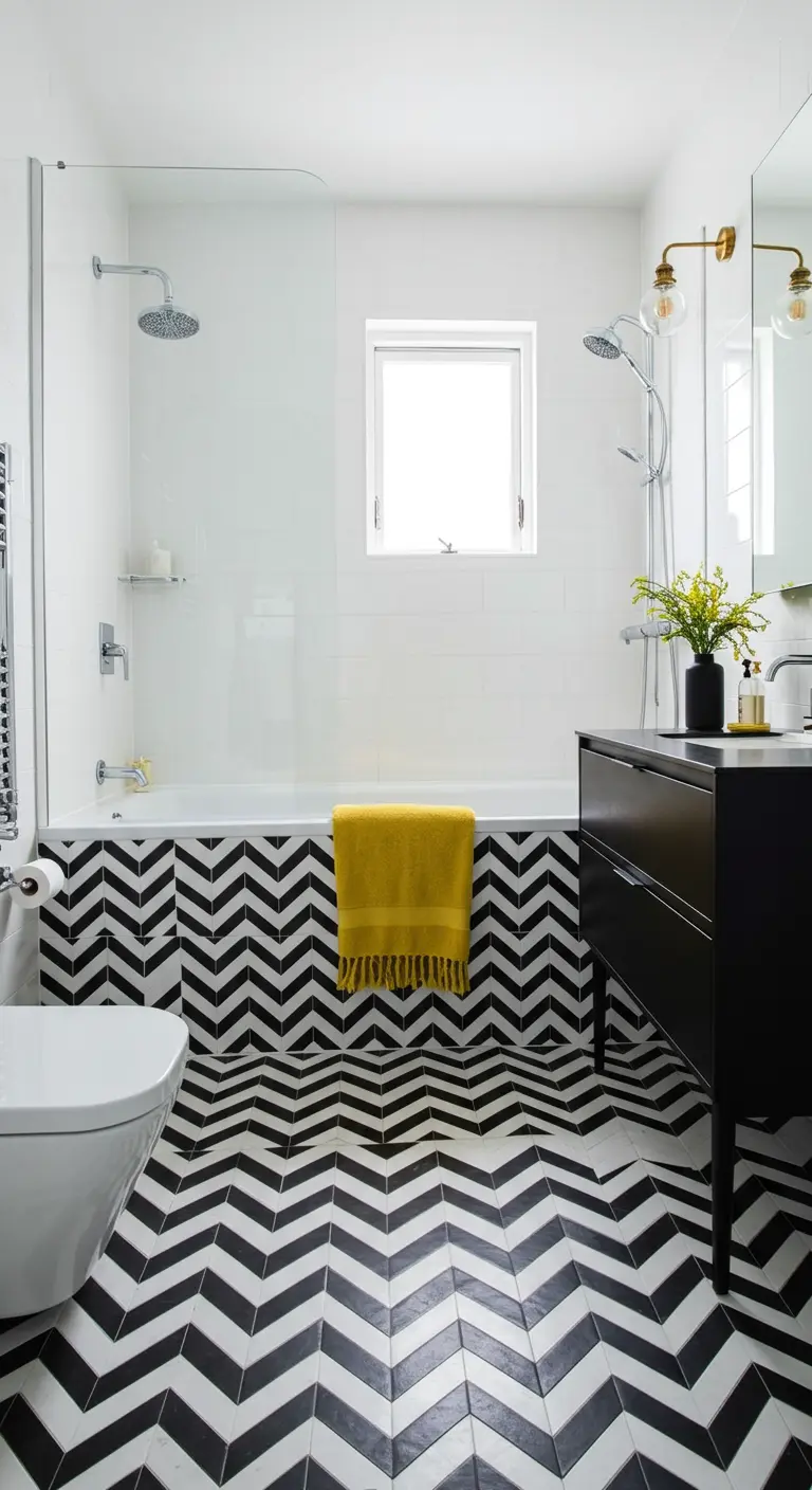 Black and white chevron tile on the floor and tub surround in a modern bathroom.