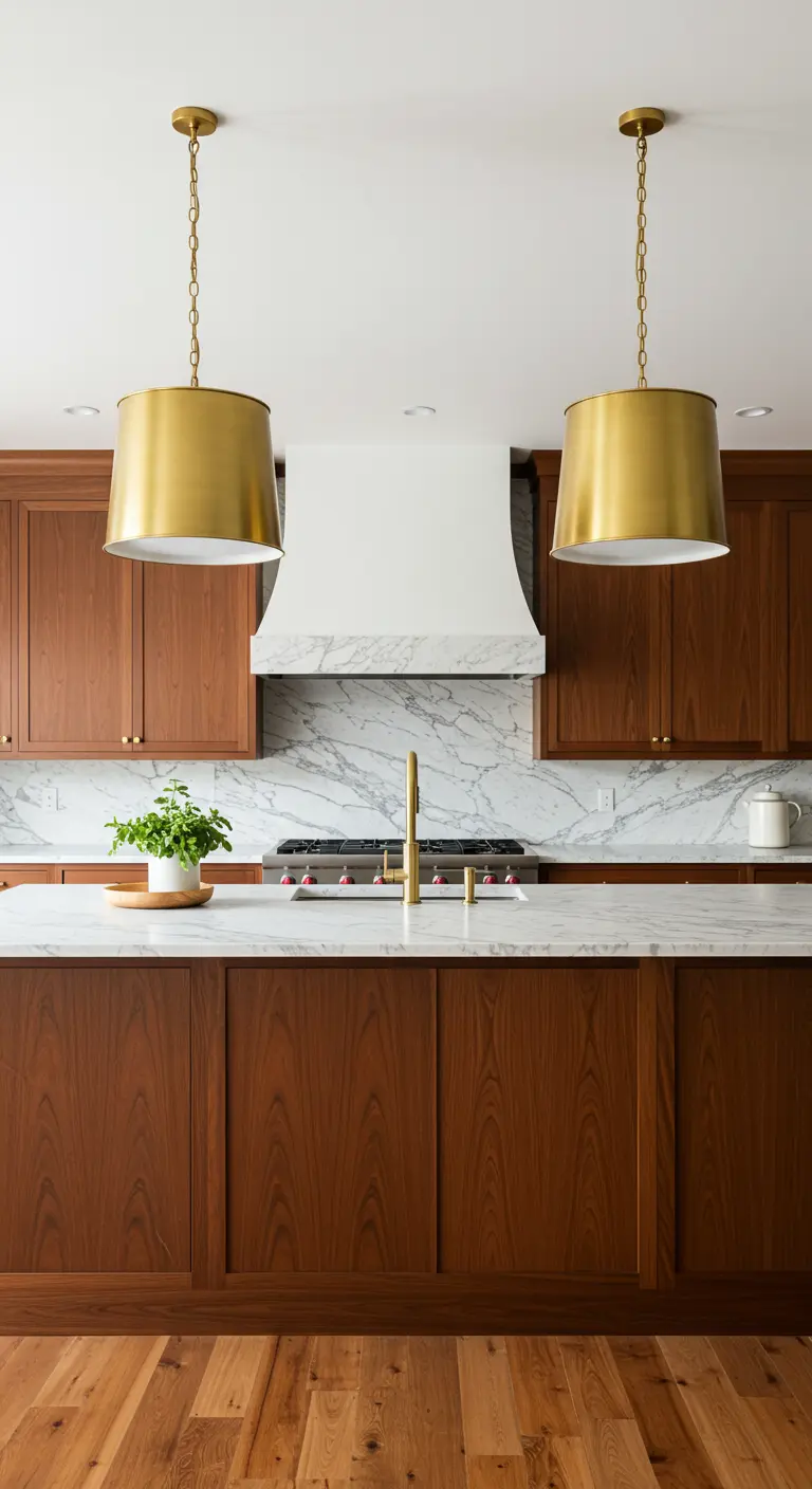 Kitchen with dark wood cabinets, a full marble backsplash, and brass drum pendants.
