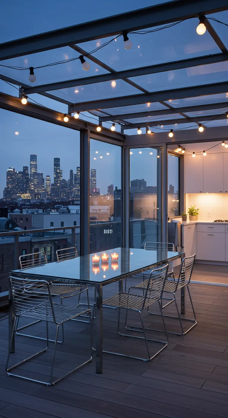 Glass dining table on a rooftop patio with string lights and city views at night.