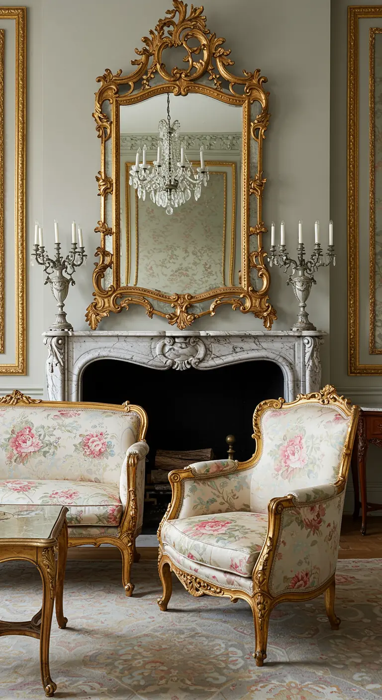 Formal living room with a matching floral loveseat and armchair facing a grand fireplace.