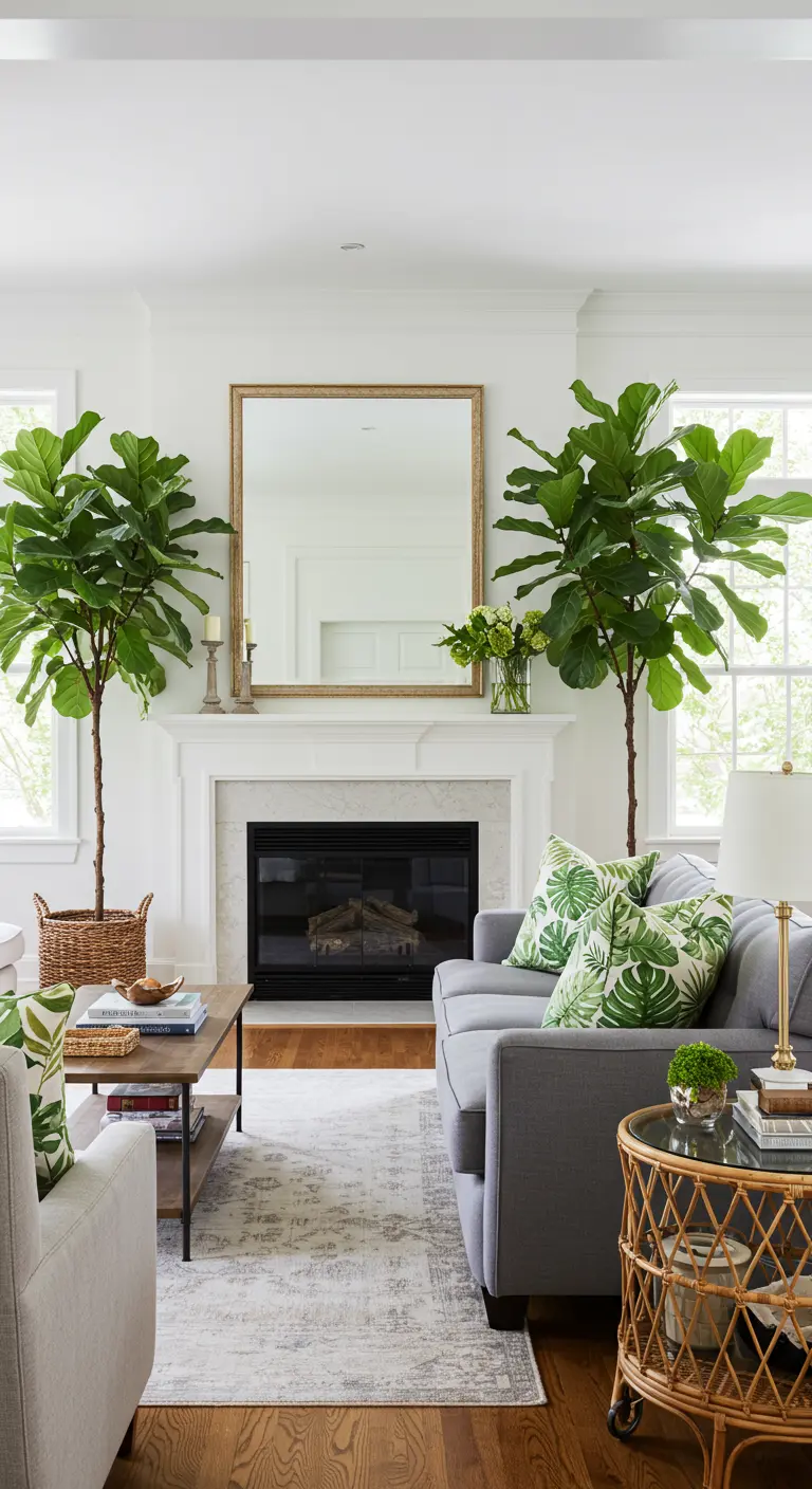 A traditional living room with two large fiddle-leaf fig trees flanking a white fireplace.