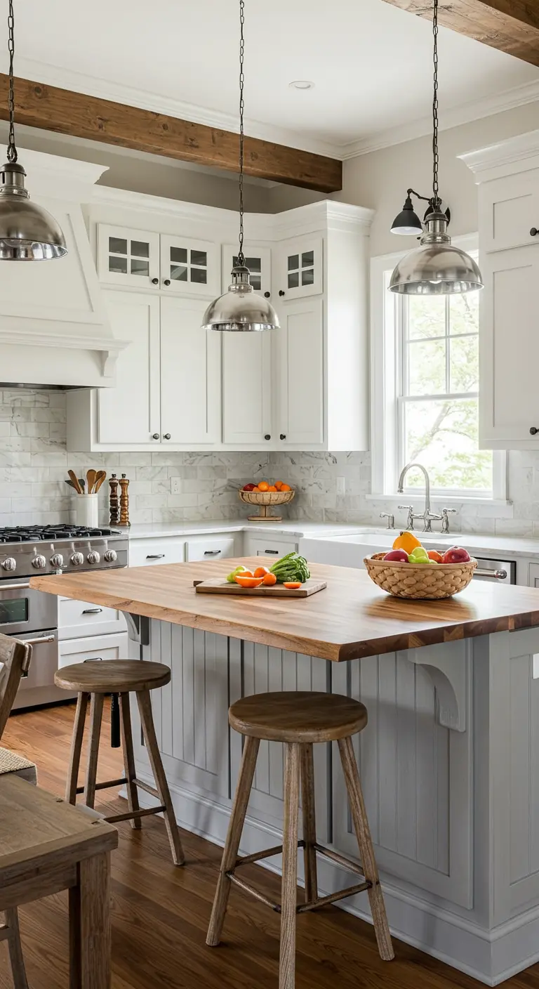 Gray kitchen island with a white quartz top and a lower wood-topped seating area.