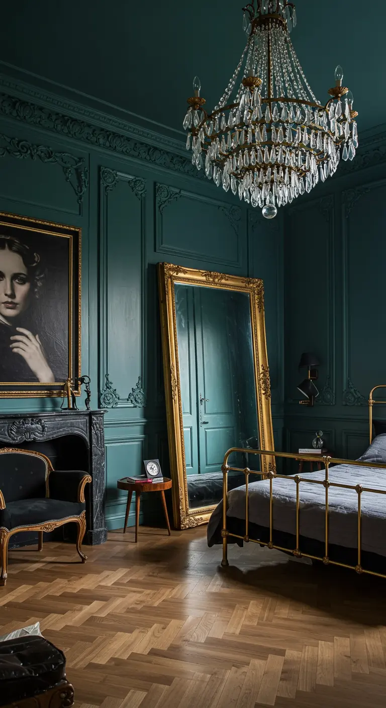 Teal bedroom with ornate molding, a large gold mirror, and a crystal chandelier.