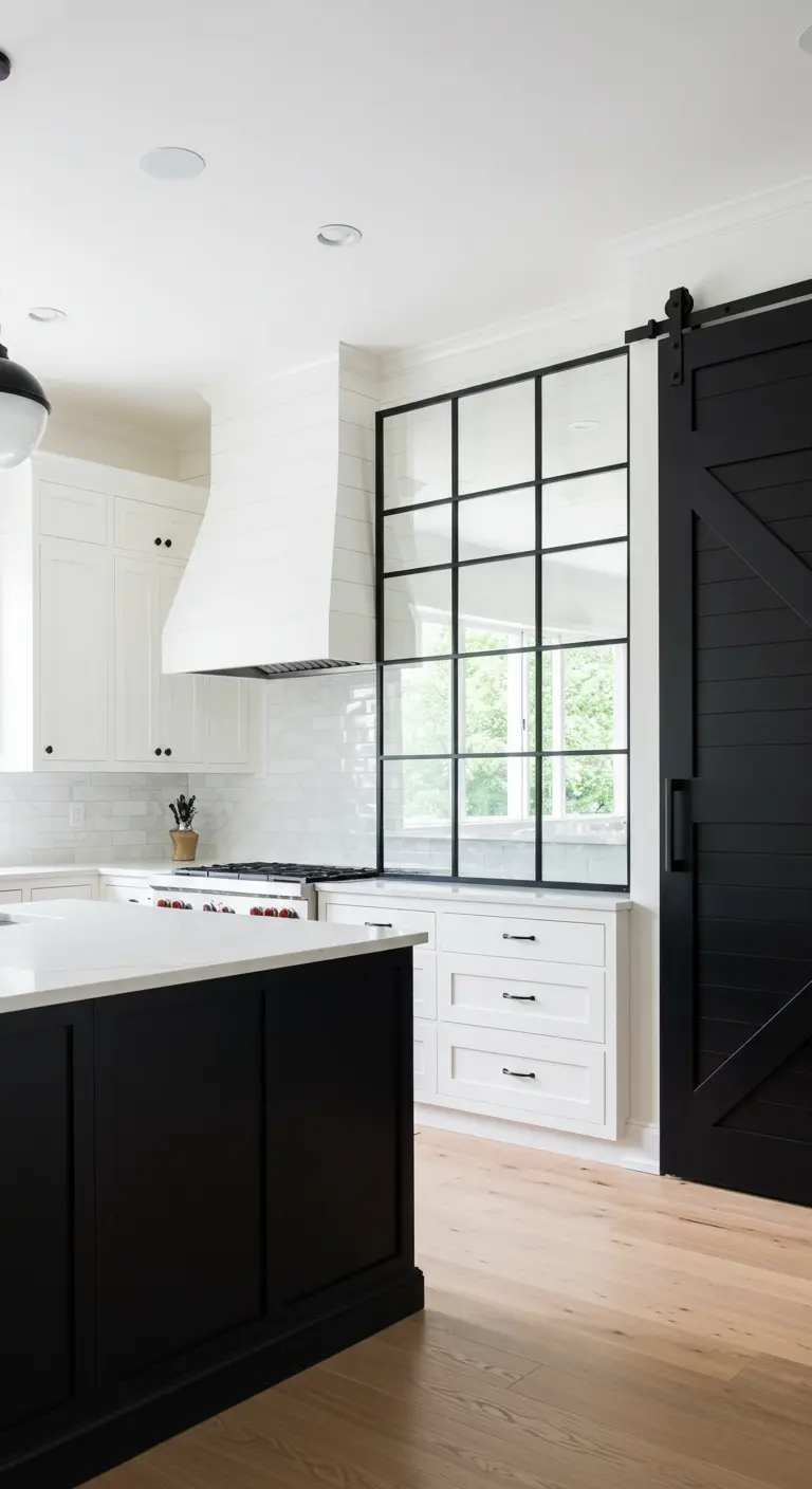 A kitchen with a bold black island and matching black barn door set against white cabinets.