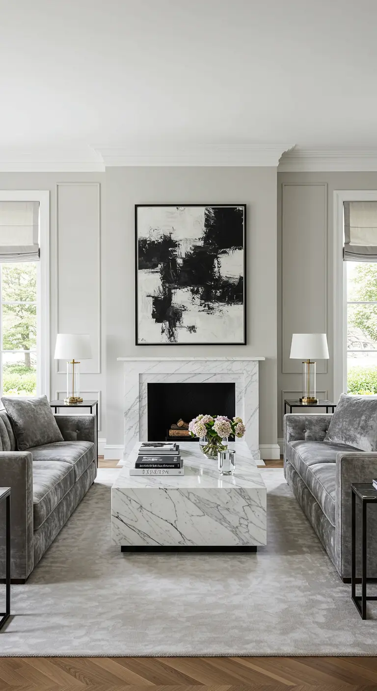 Symmetrical living room with two gray velvet sofas and a marble fireplace with abstract art.