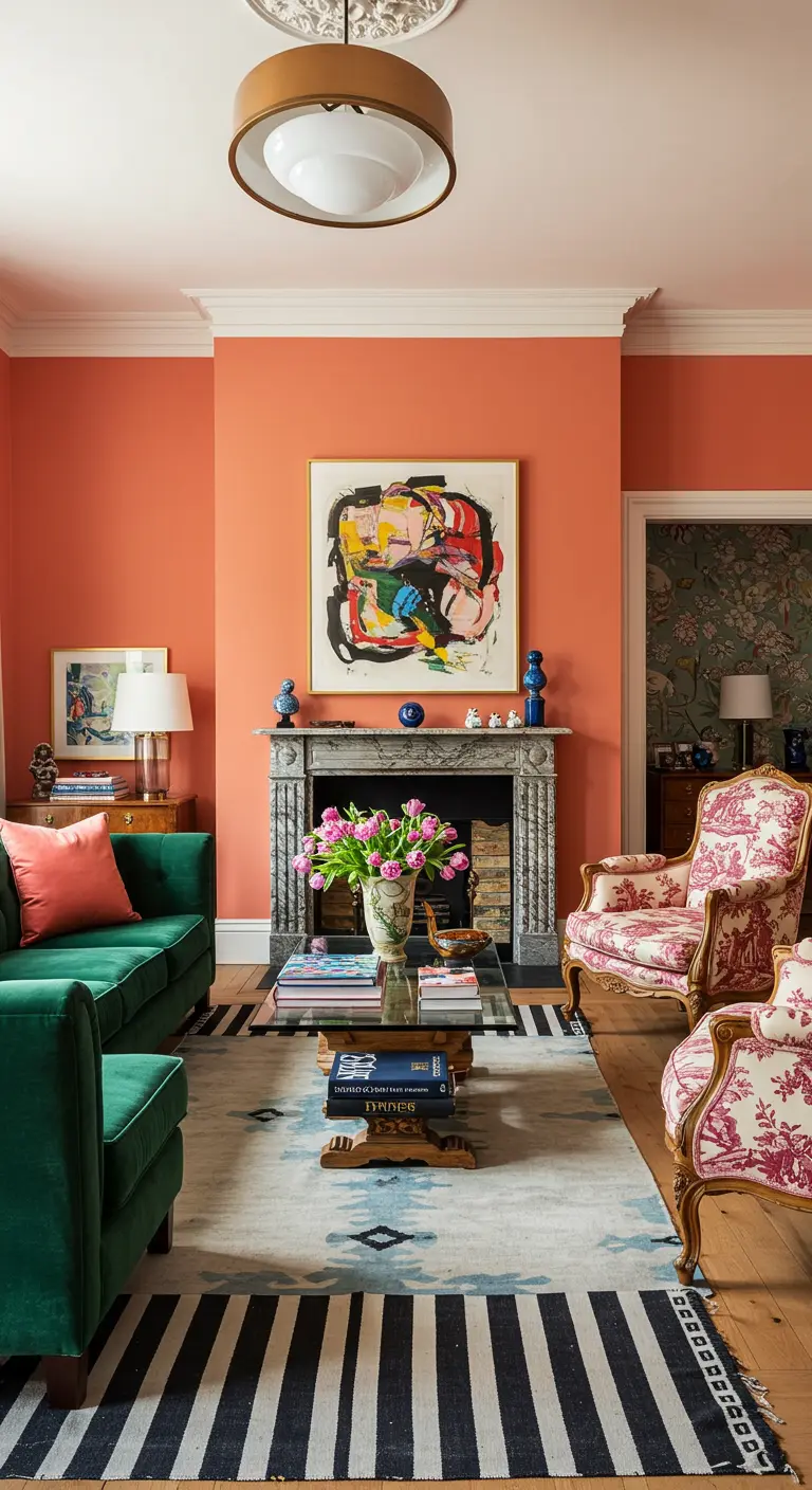 Emerald green sofa against a coral-painted wall with a large abstract painting.
