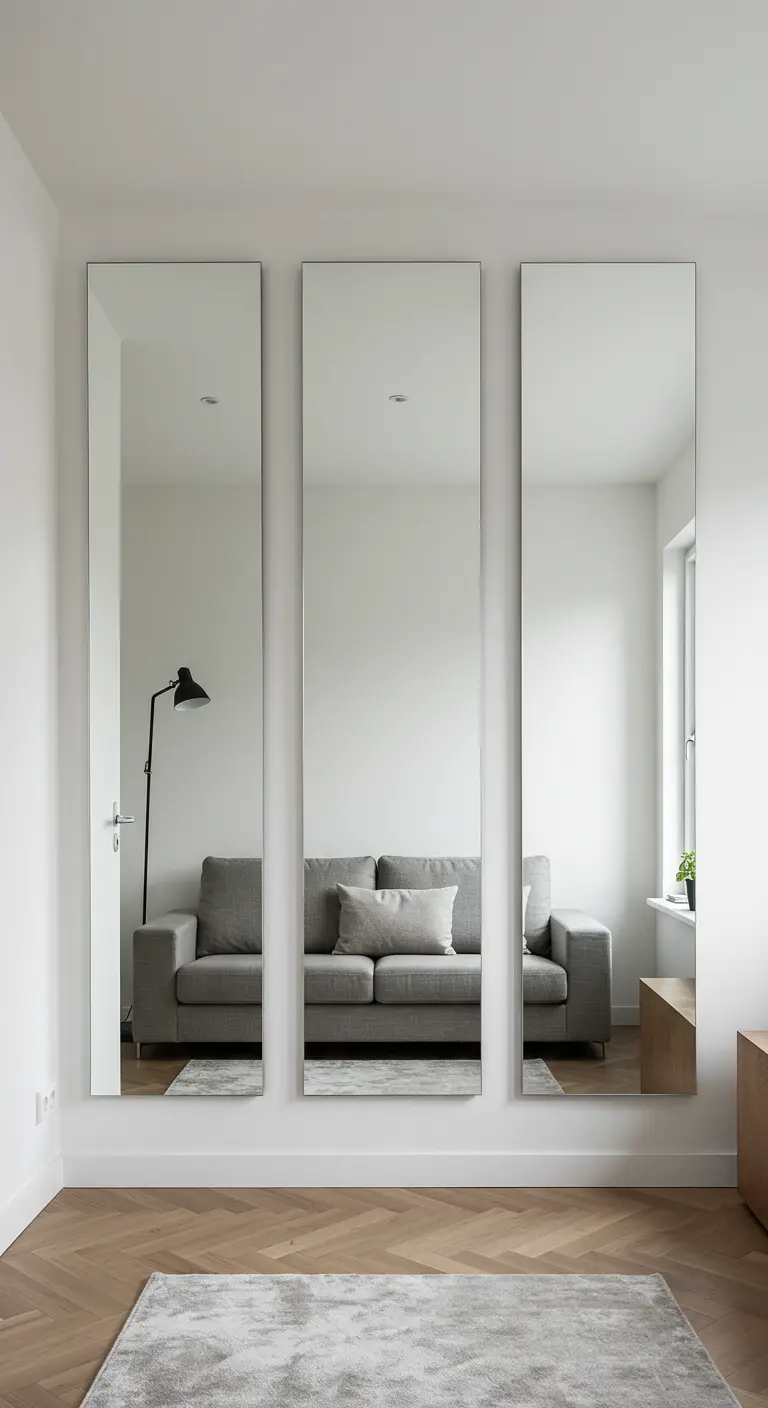 Three identical tall, frameless mirrors hung vertically on a white wall, reflecting a sofa.