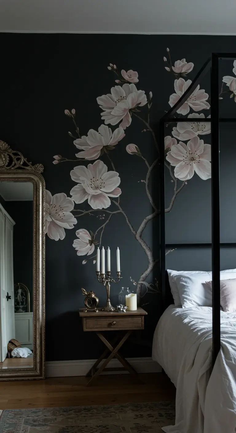 Dramatic bedroom with cherry blossom wallpaper on a black wall, a four-poster bed, and a vintage mirror.