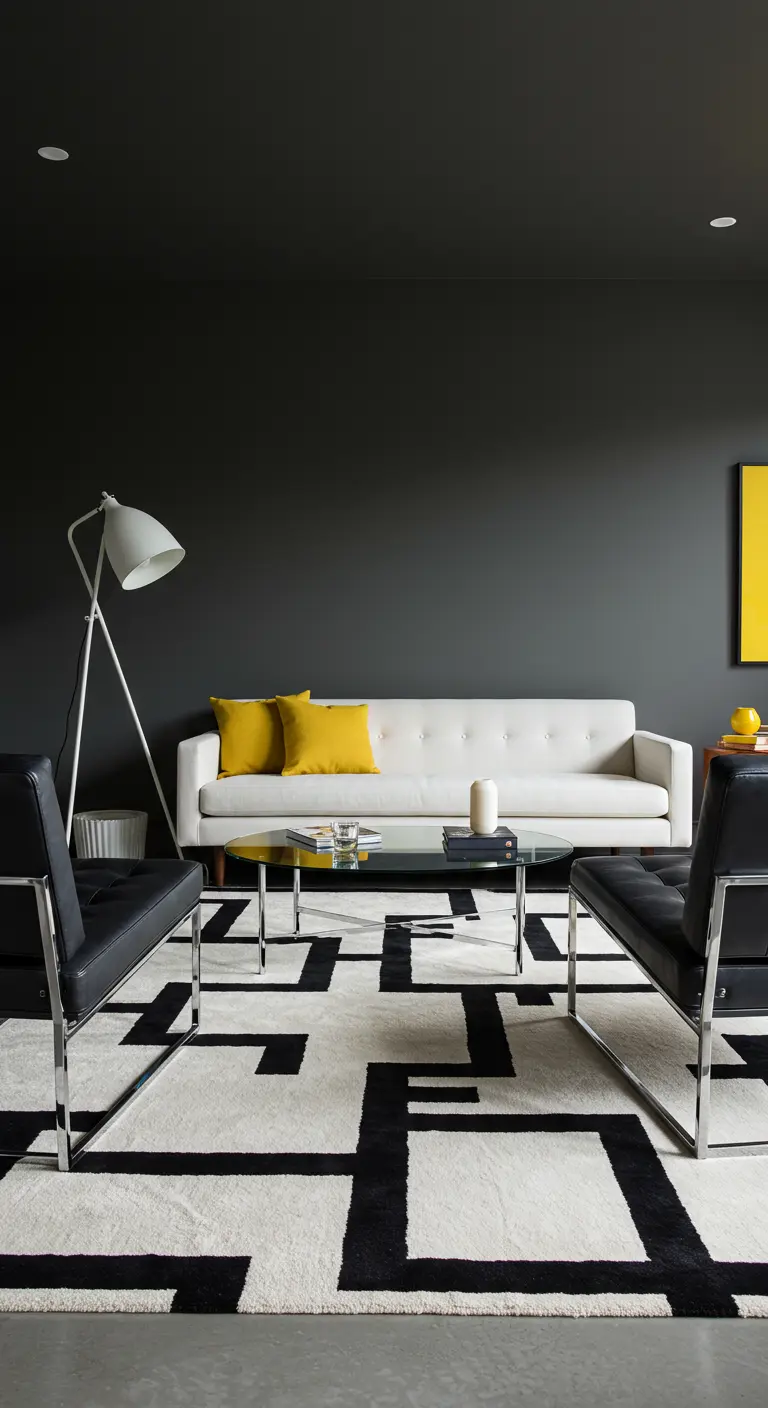 Black and white living room with black walls, a white sofa, and a graphic maze-patterned rug.