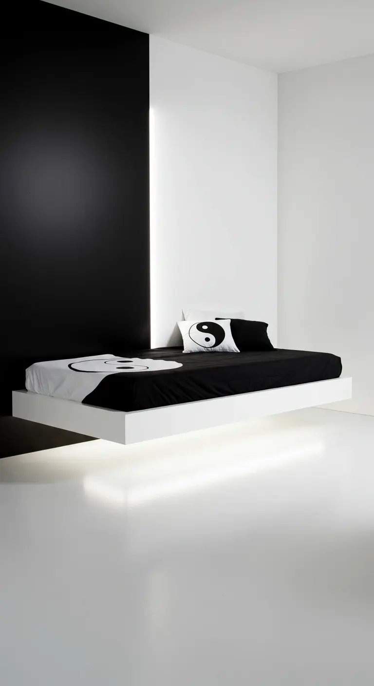 A white floating bed with under-lighting against a stark black and white wall.