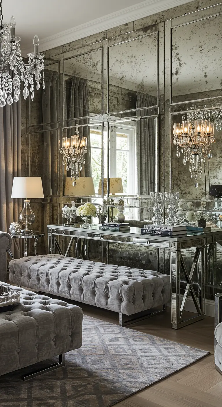 A tufted grey velvet bench in a room with walls covered in antiqued mirror panels.