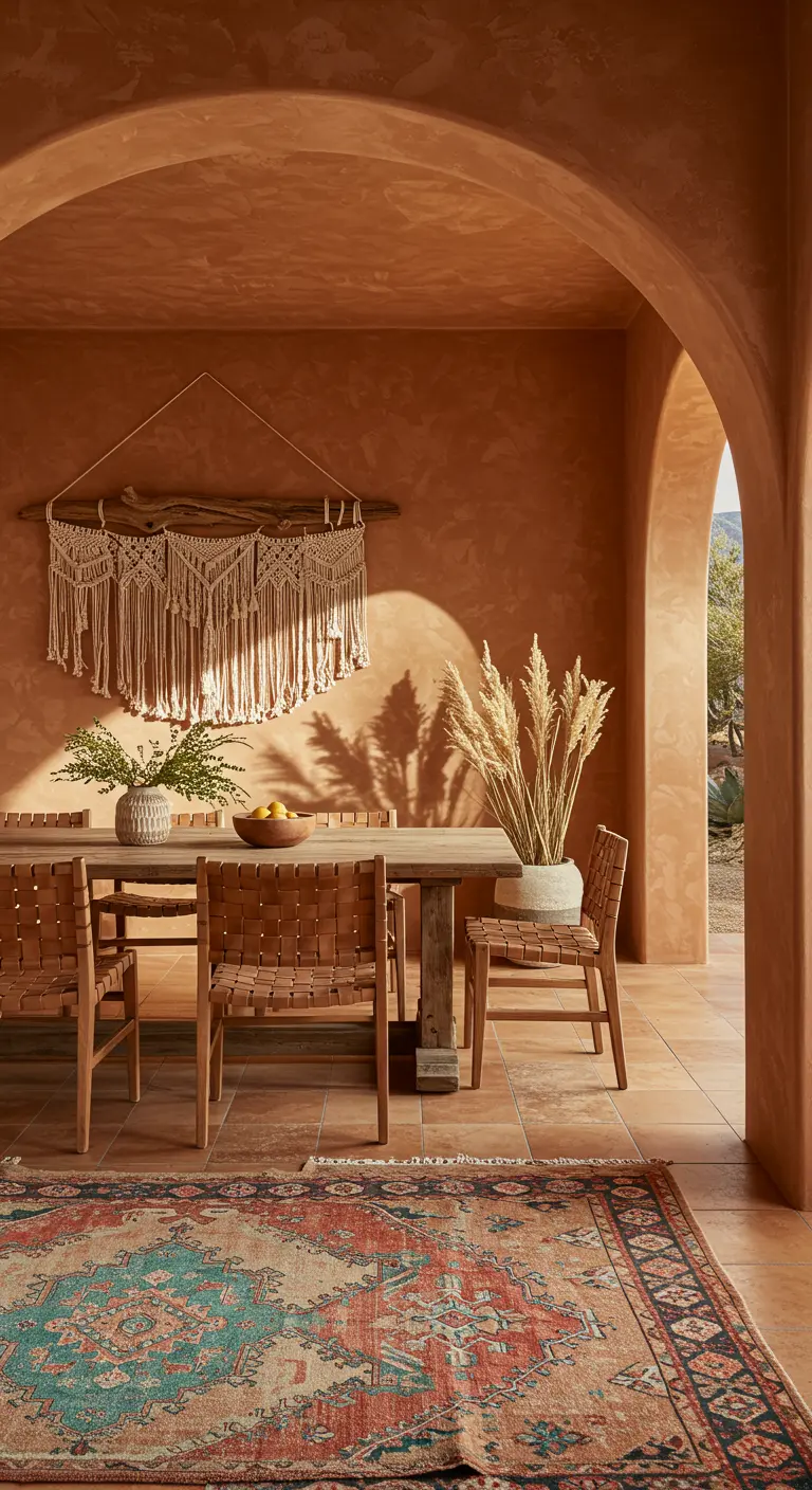 Dining room with terracotta-colored walls and archways, featuring a large driftwood macramé piece.