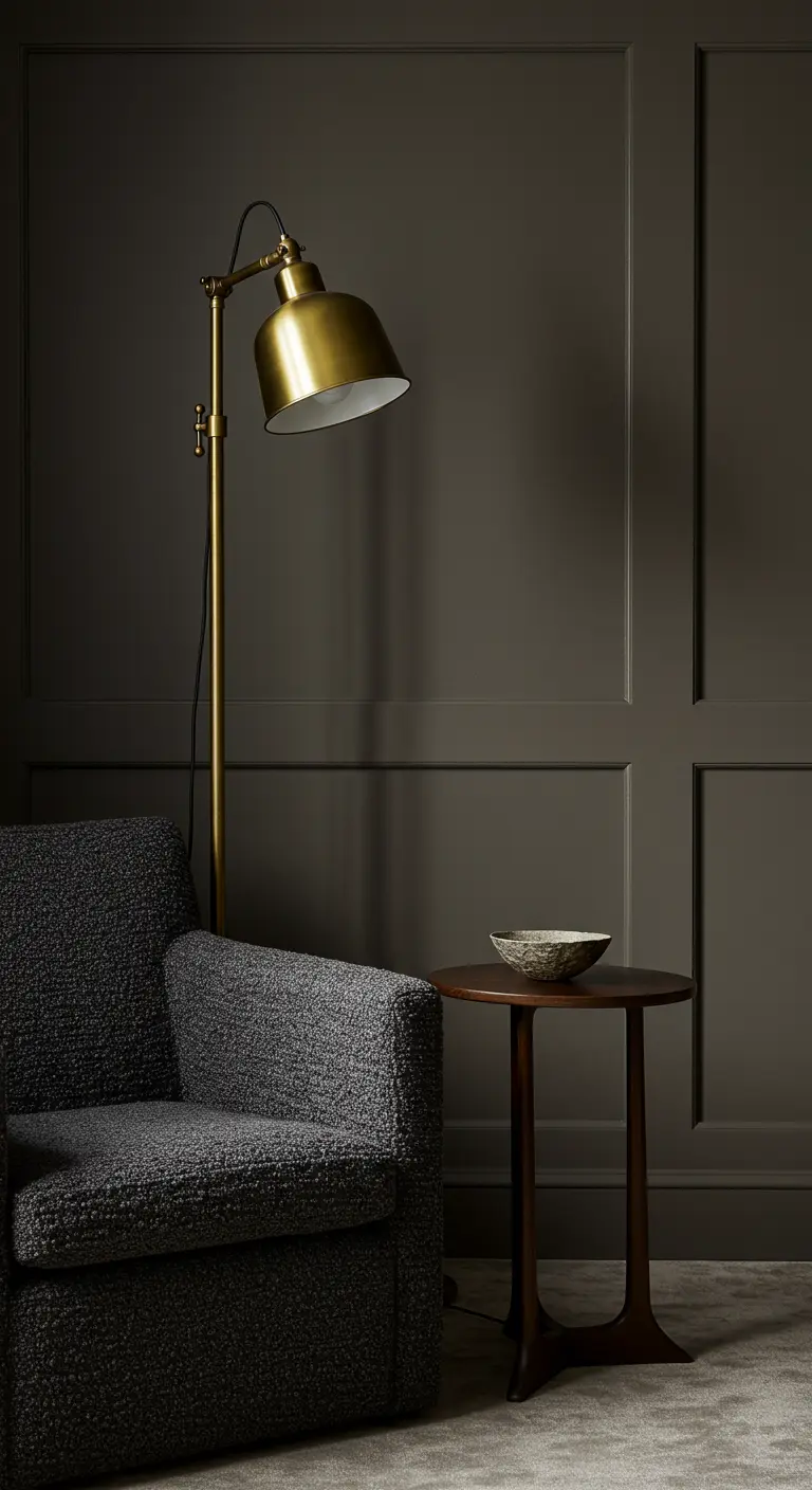 Charcoal bouclé armchair against dark paneled walls with a brass reading lamp.