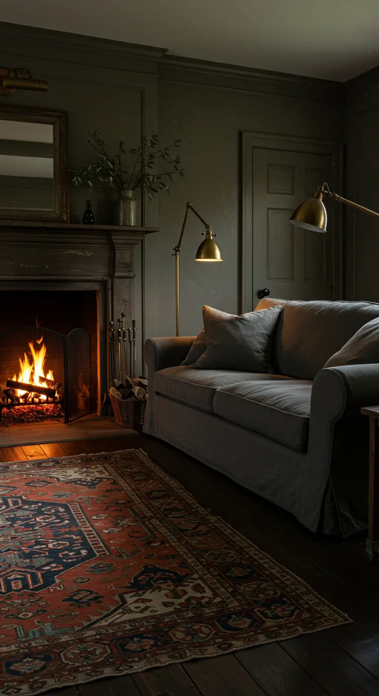 Moody, dark-walled living room with a fireplace, a grey slipcovered sofa, and brass lamps.