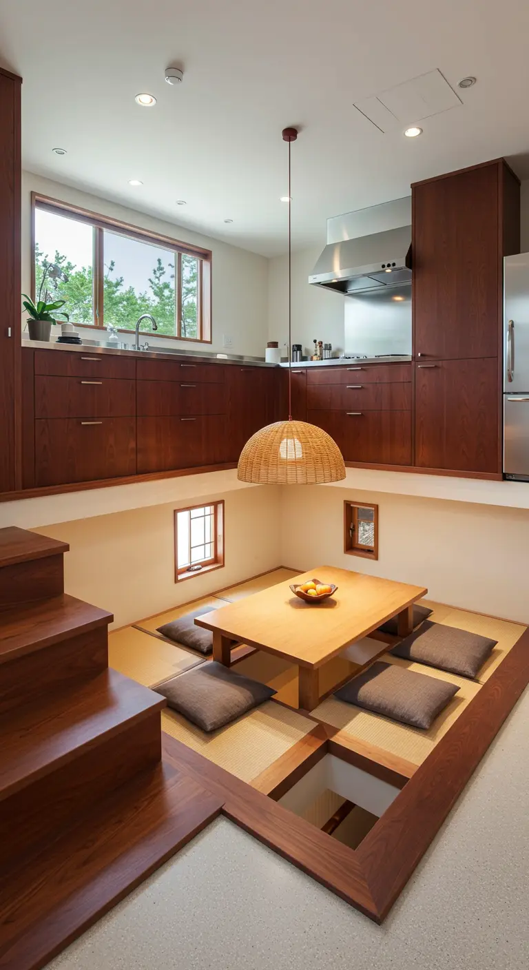 Split-level kitchen with a sunken Japanese-style dining area with floor cushions.