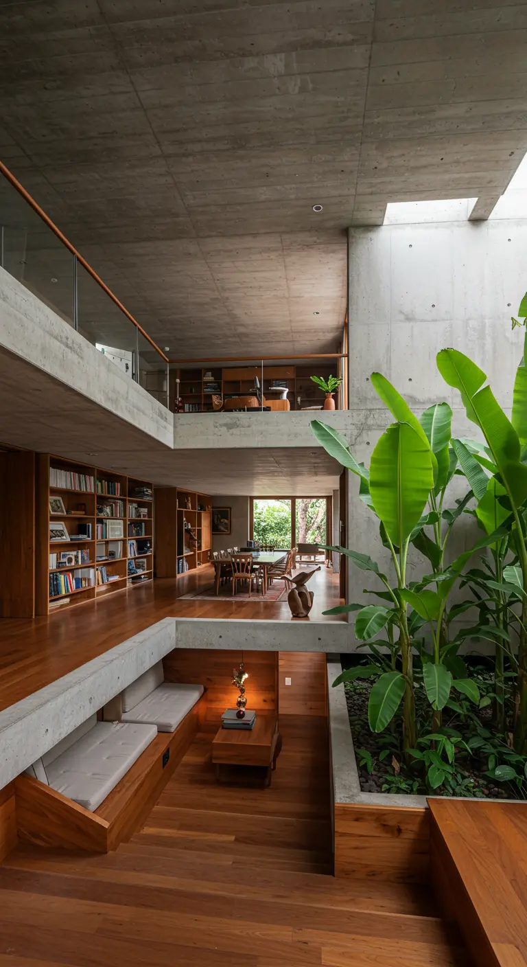 Multi-level home with a sunken living area next to a large indoor garden.
