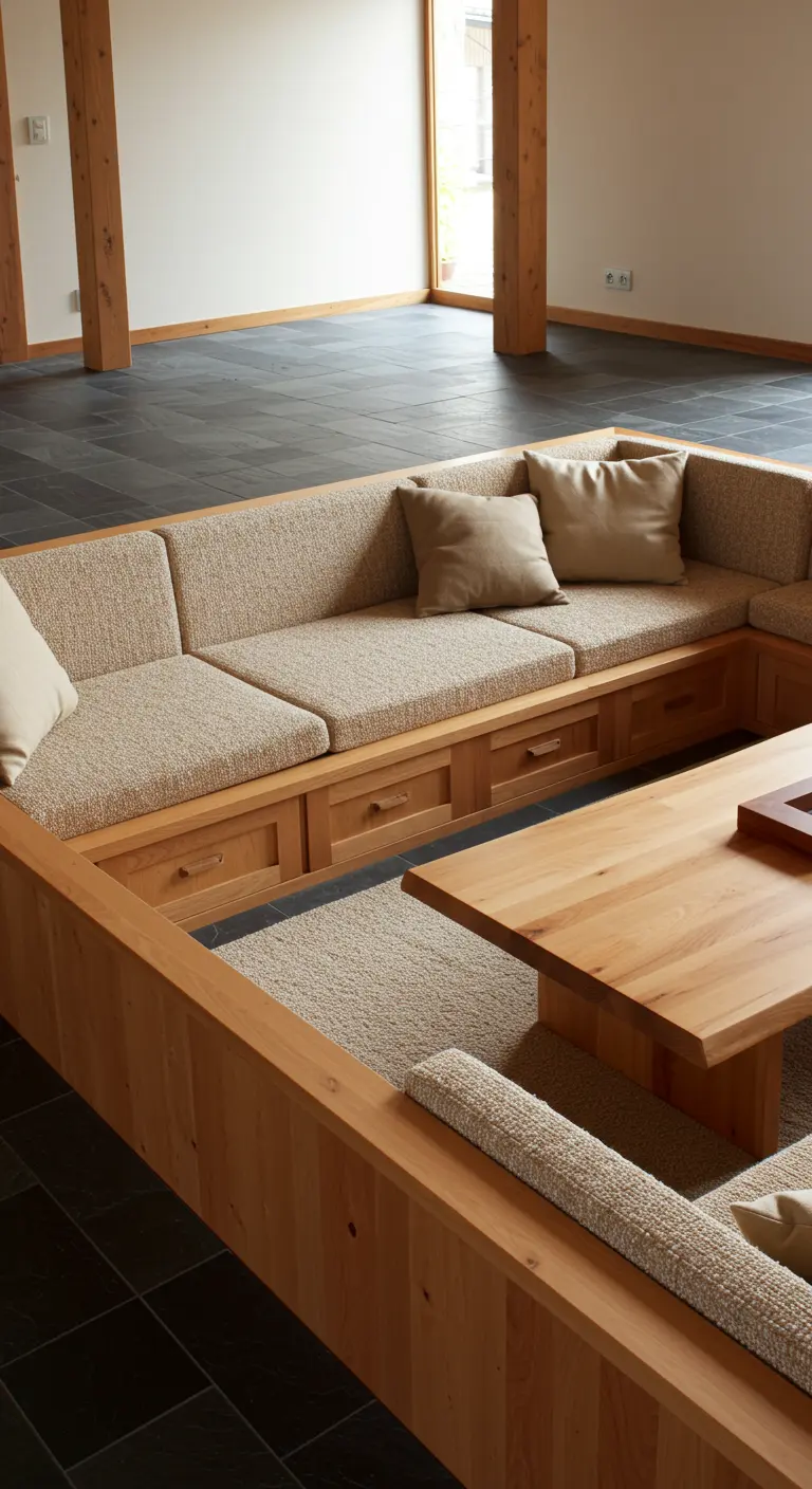A sunken living room seating area made of wood with neutral cushions.
