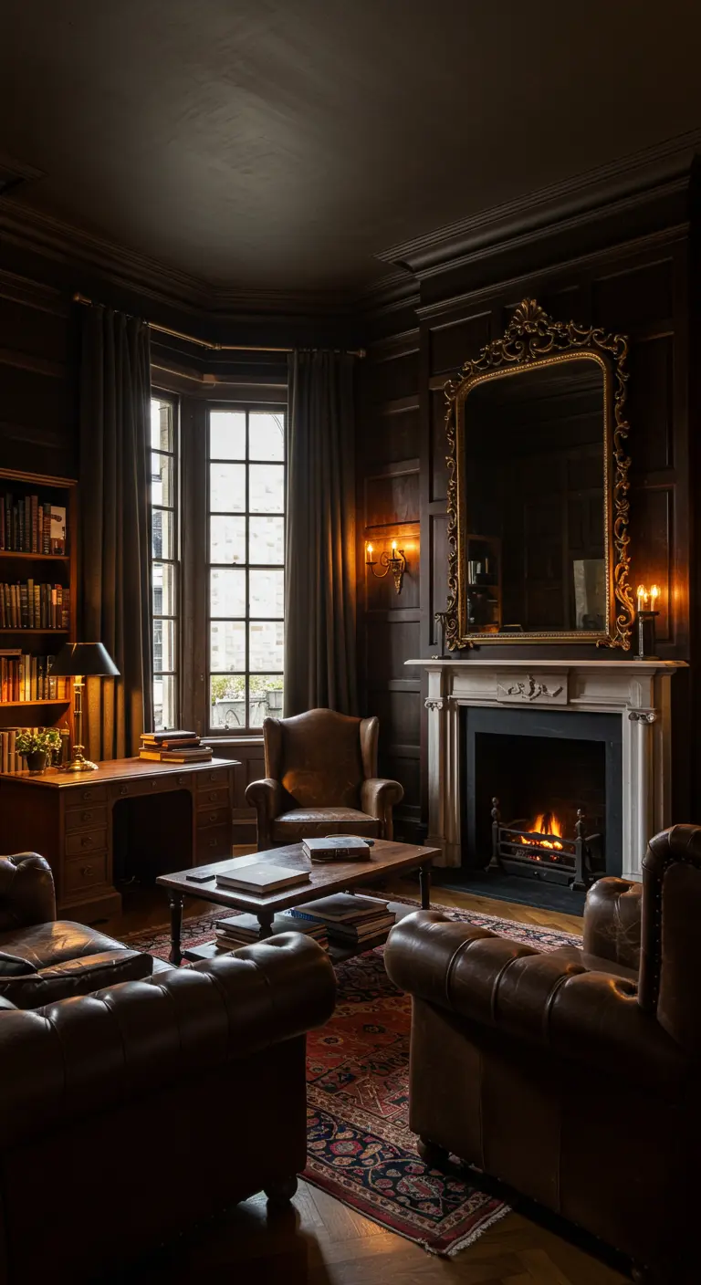 Dark wood-paneled study with leather armchairs, a fireplace, and a large gold mirror.