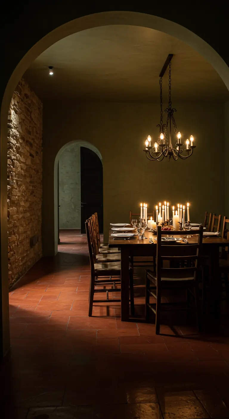 A moody, candlelit dining room with stone walls and a long wooden table.