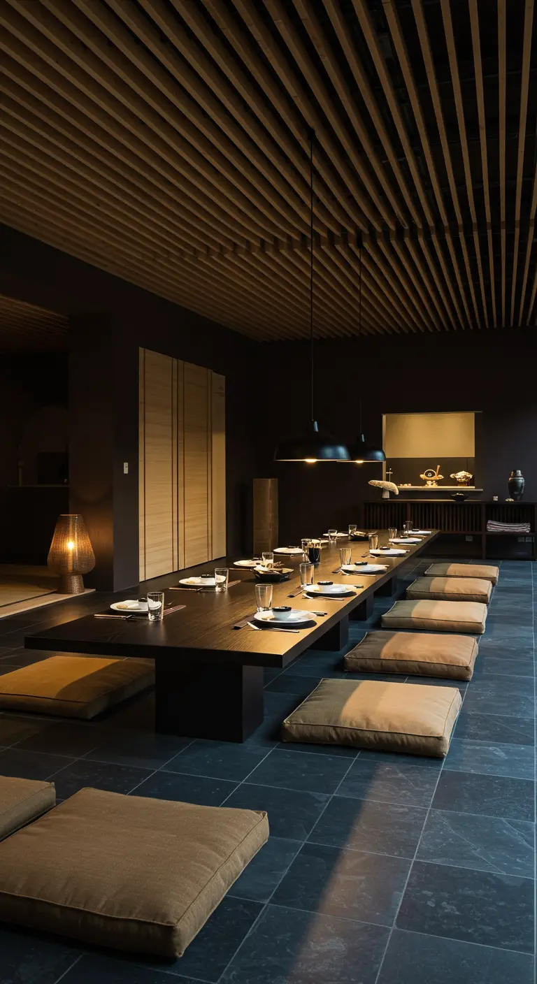 A dark, moody dining room with a long low table and floor cushions.