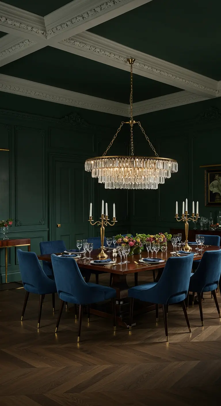 Moody green dining room with blue velvet chairs and a large, modern crystal chandelier.