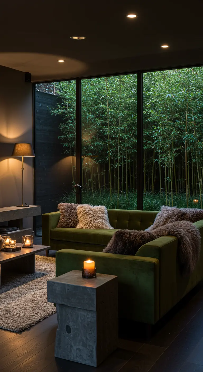 Cozy living room at night with warm lighting, an olive sofa, and a view of a bamboo garden.
