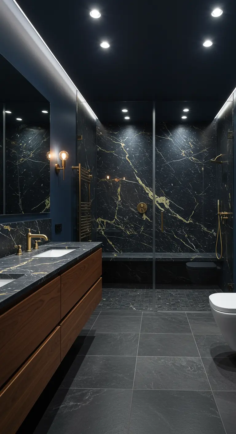Dark bathroom with black marble walls, a wood vanity, and a painted black ceiling.
