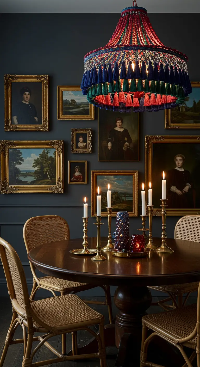 Dark-walled dining room with a gallery wall and a colorful tassel chandelier over a wood table.
