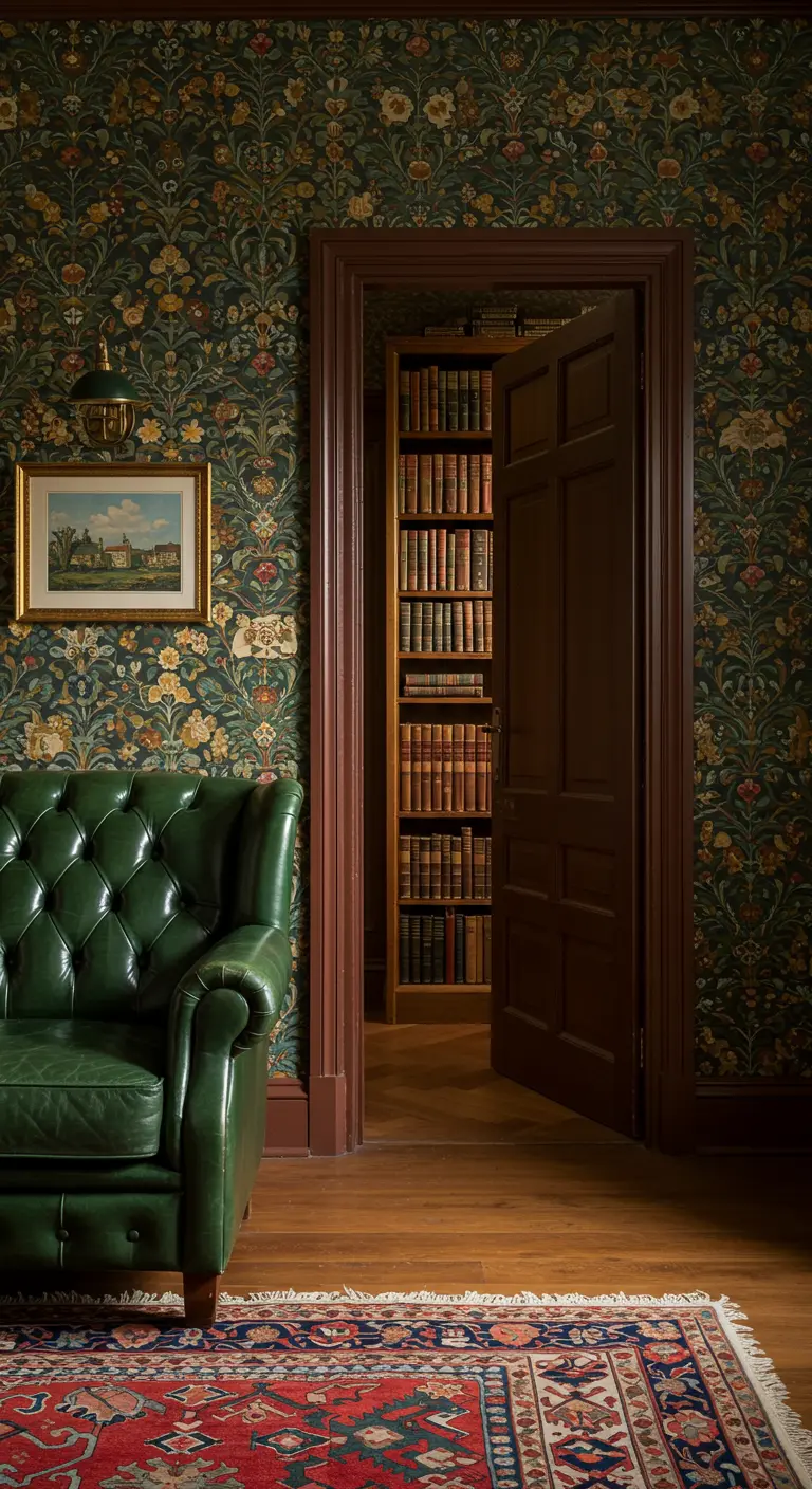 A green tufted sofa in a room with floral wallpaper, looking through a door into a library.