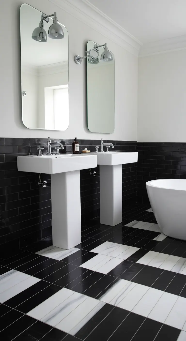 Modern bathroom with two pedestal sinks against a black subway tile wall.