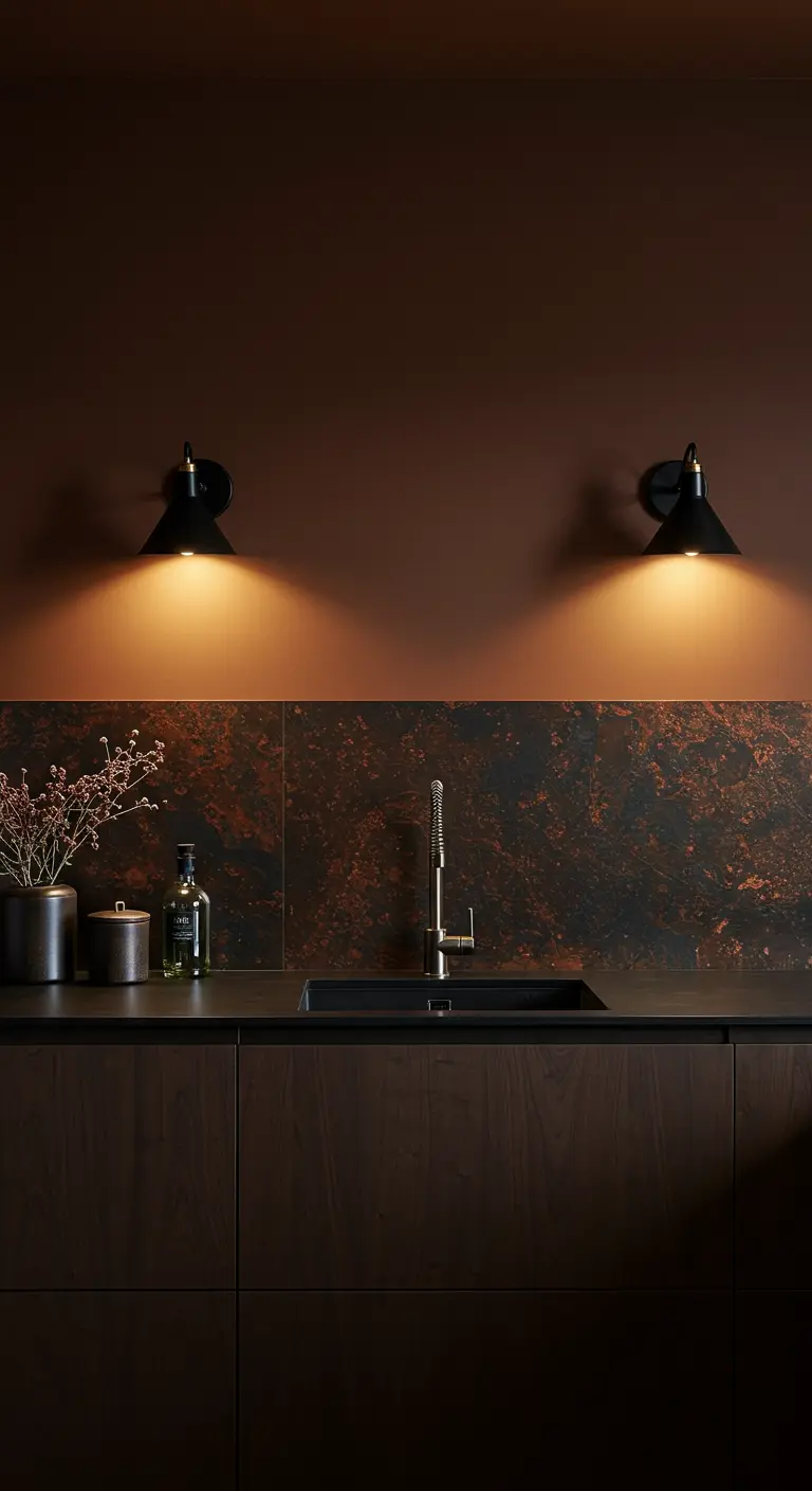 Dark kitchen with an oxidized metal-look backsplash and dark brown walls.