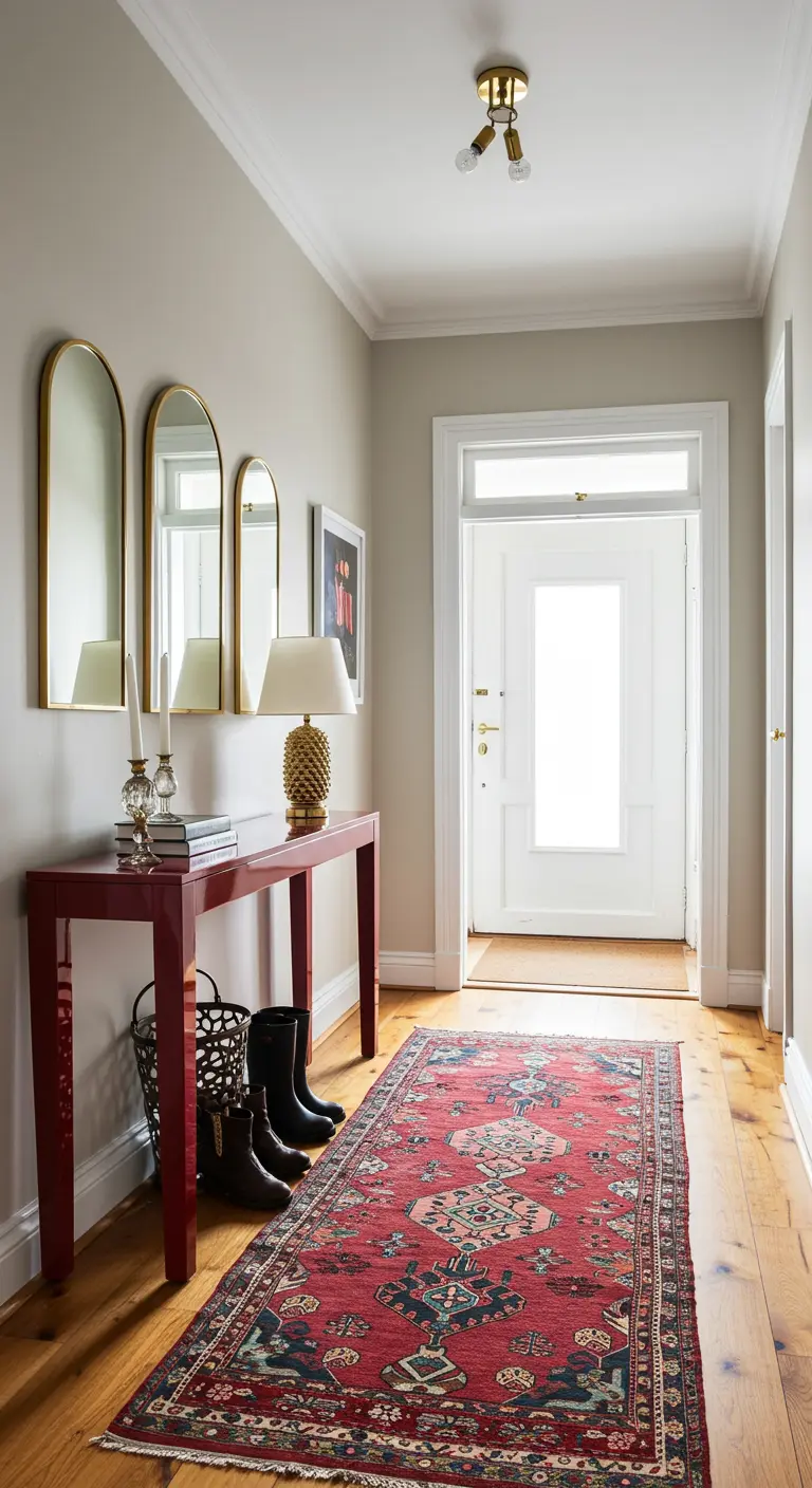 A trio of small, gold-framed arched mirrors hang above a red console table in a hallway.