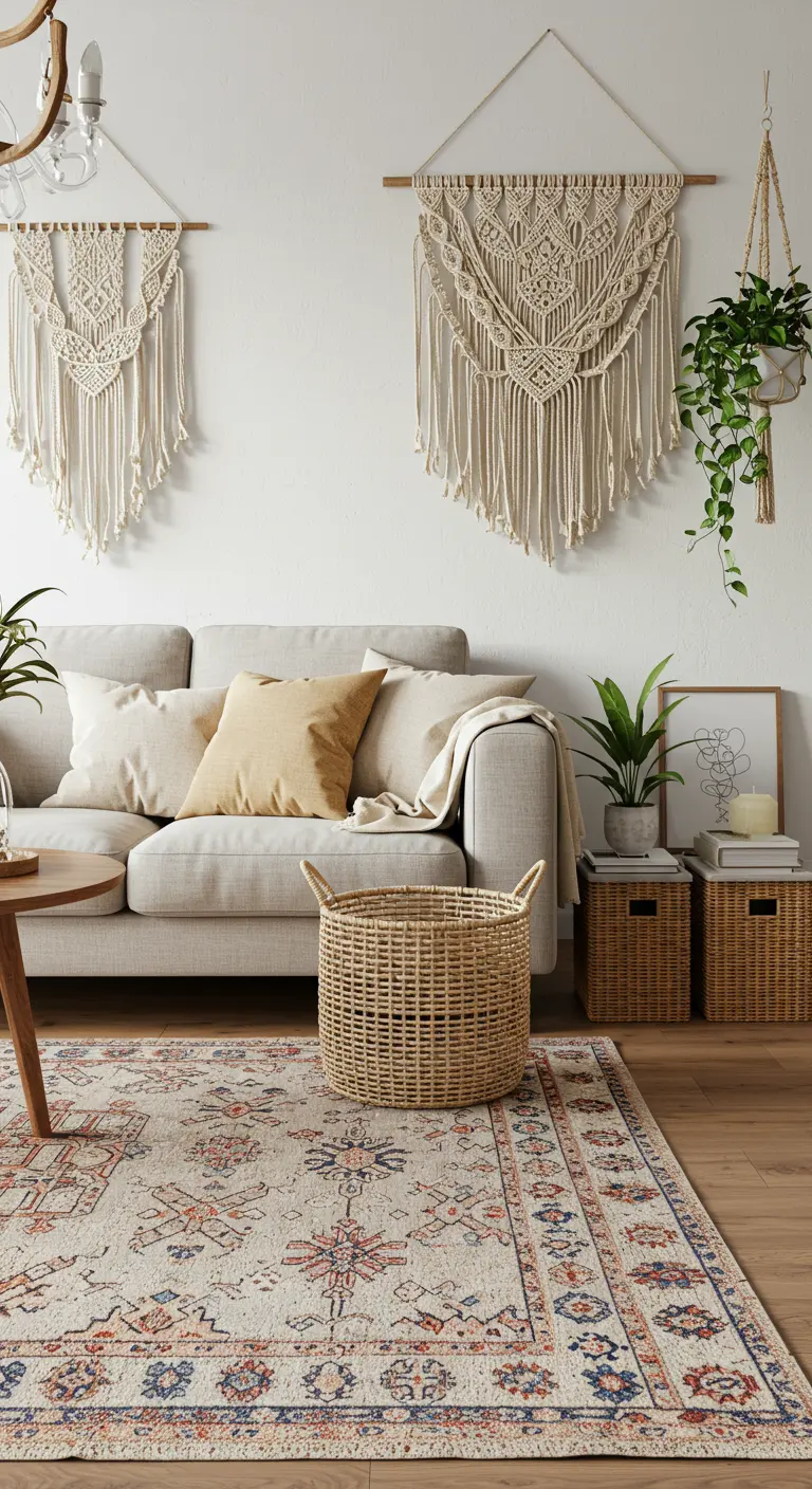 Living room with a neutral sofa and two different macrame wall hangings.