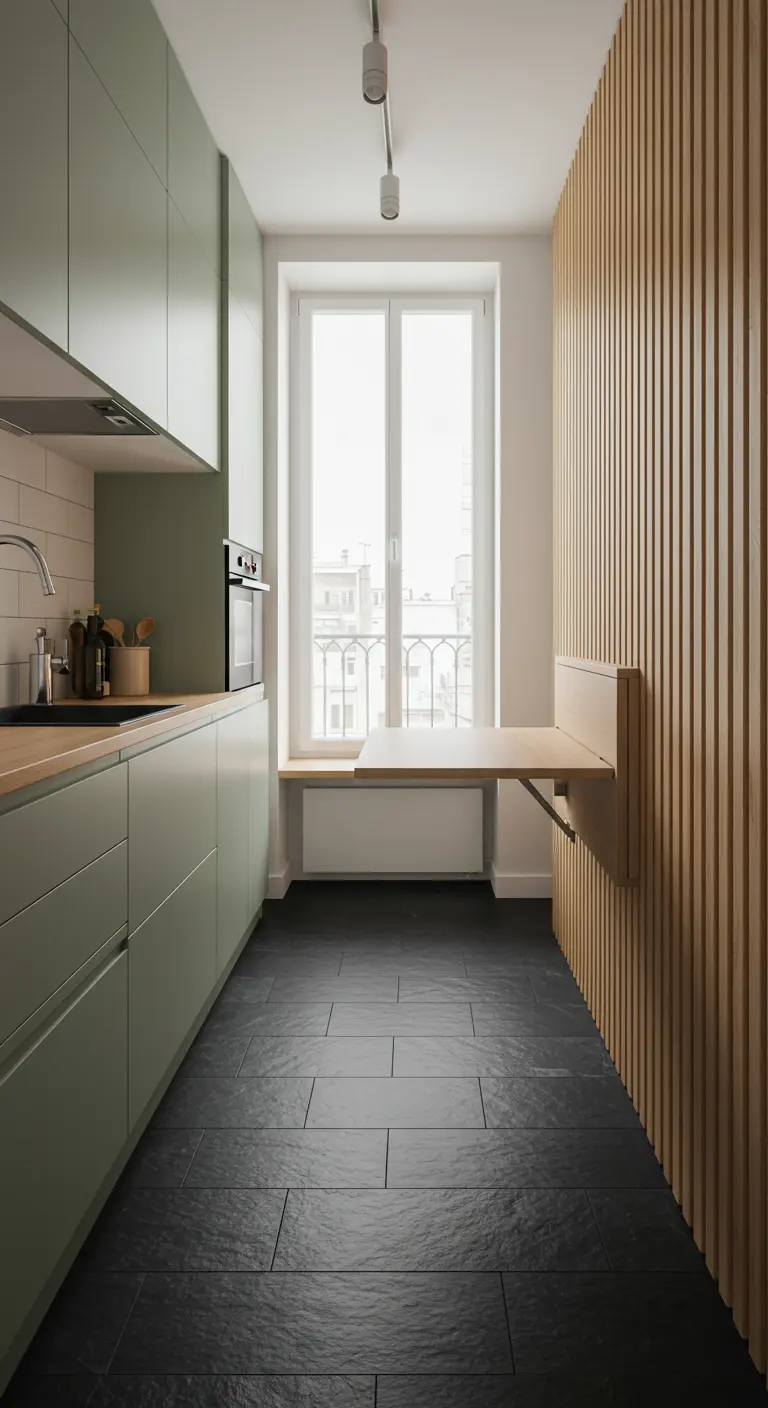 Galley kitchen with sage green cabinets and a fold-down table on a slatted wood wall.