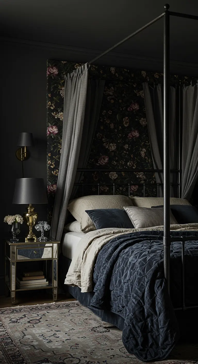 Moody bedroom with a dark floral wallpaper accent wall behind a black four-poster bed.