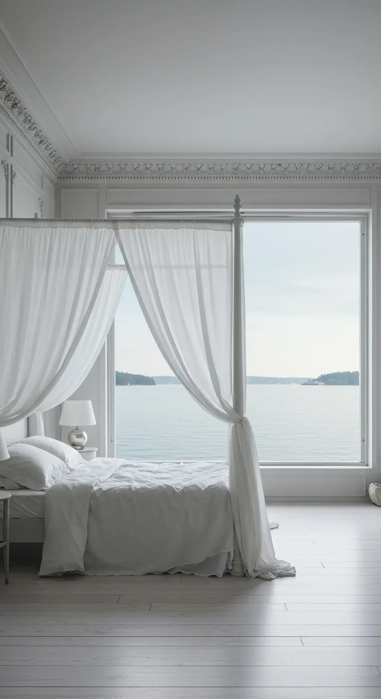 All-white bedroom with a canopy bed draped in sheer white fabric overlooking the water.