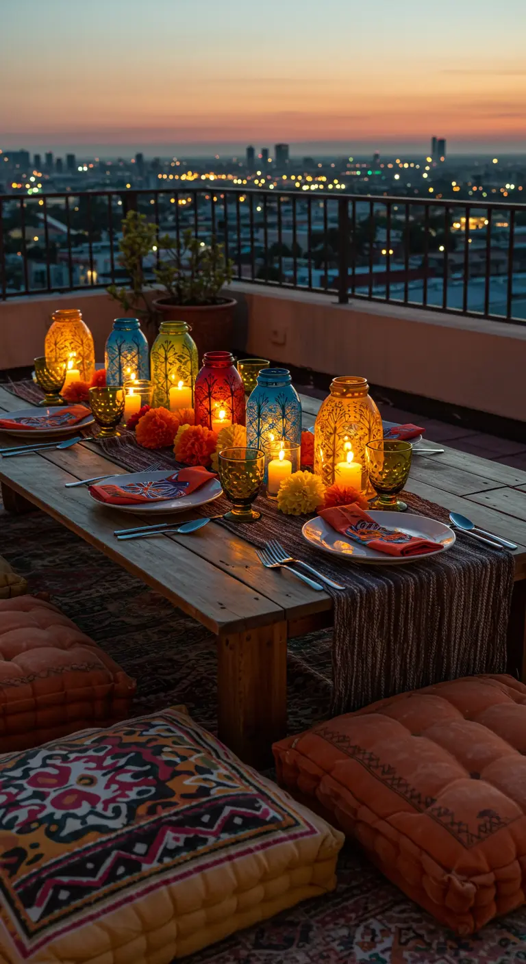 A rooftop table at sunset with colorful glass lanterns, candles, and floor cushions.
