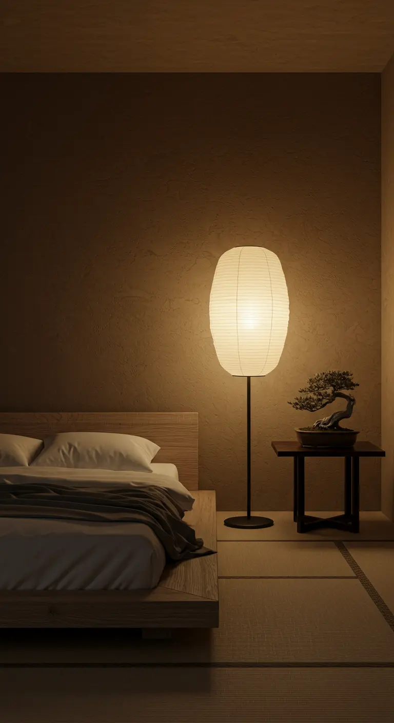 Zen-style bedroom with a paper lantern floor lamp next to a low wooden bed.