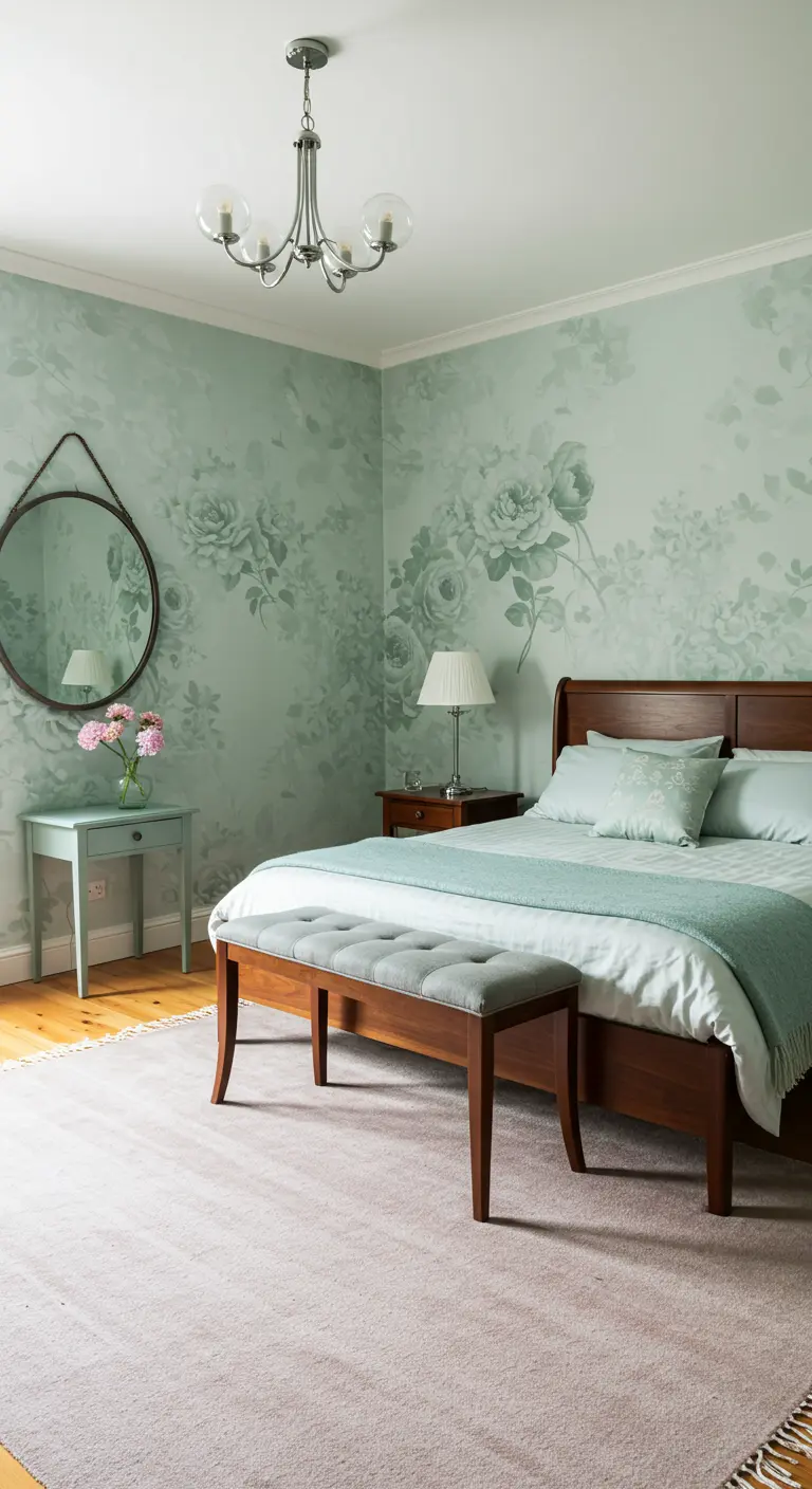 Serene bedroom with tonal green floral wallpaper, a dark wood bed, and a simple round mirror.
