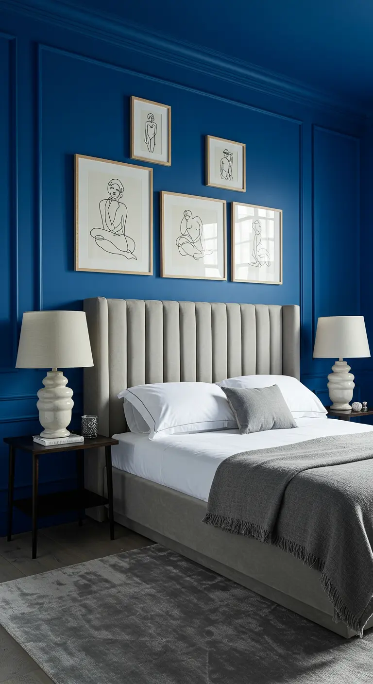 Serene bedroom with blue paneled walls, a gray upholstered bed, and minimalist line art.