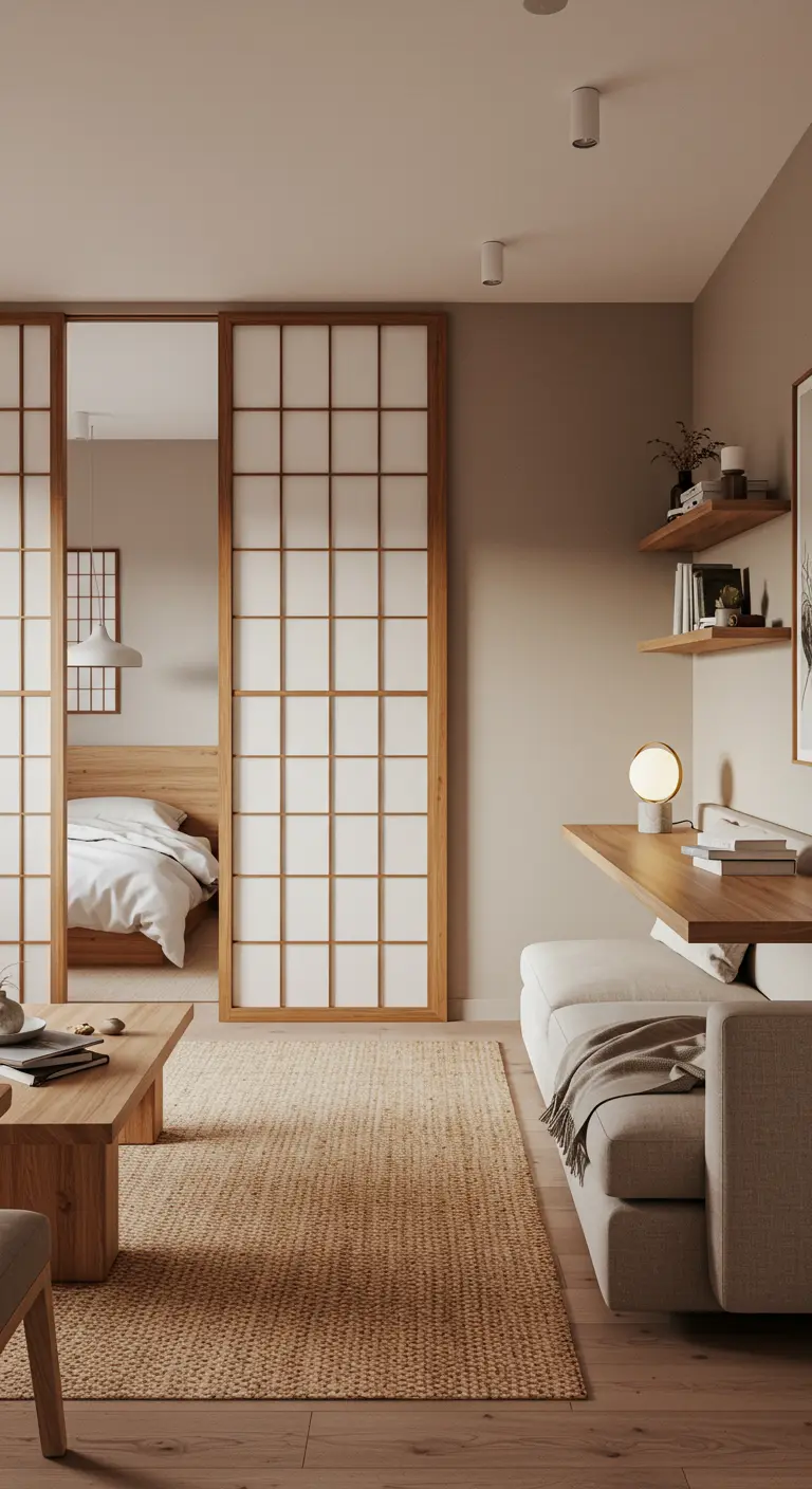 Japandi-style studio with sliding shoji screens separating the bedroom from the living area.