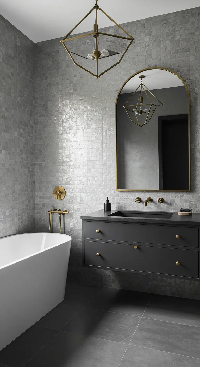 Moody gray bathroom with shimmering zellige tiles and a black vanity.