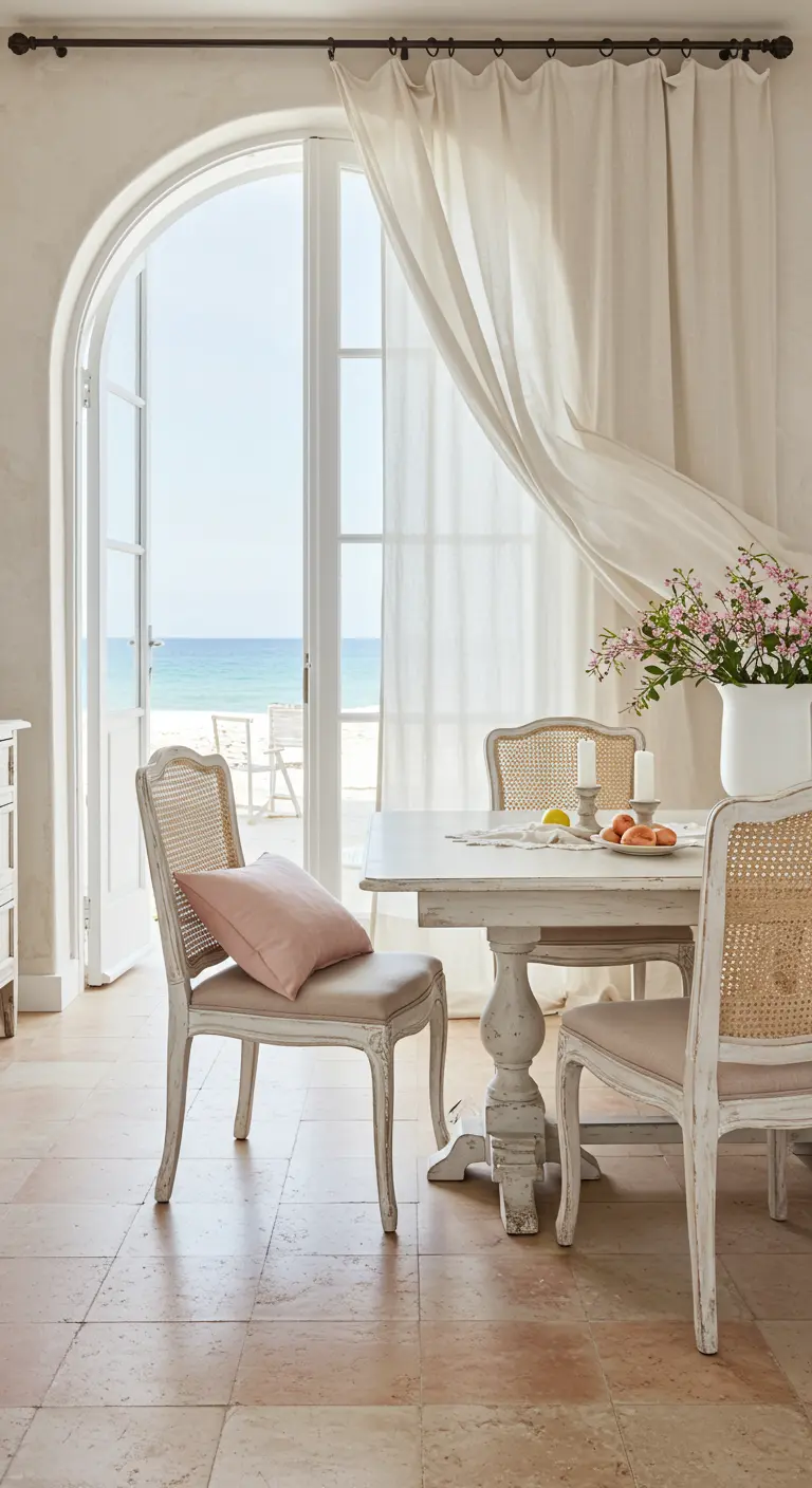 A romantic dining setting with sheer curtains blowing in the breeze from the beach.