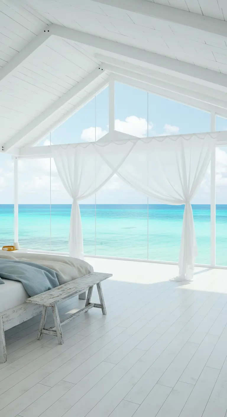 An all-white attic bedroom with sheer curtains draped over windows facing a turquoise sea.