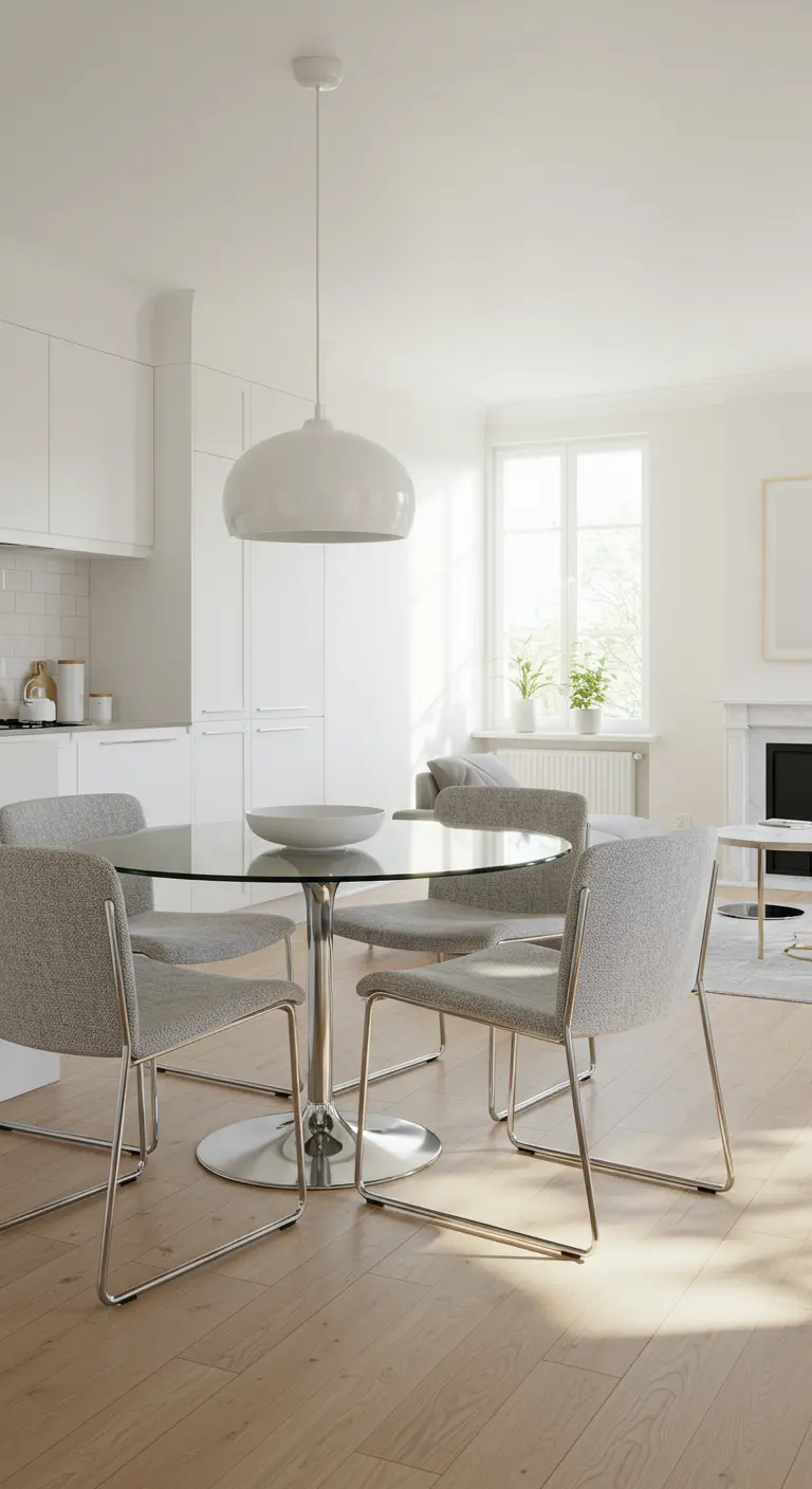 Round glass dining table and grey chairs in a bright, minimalist kitchen.