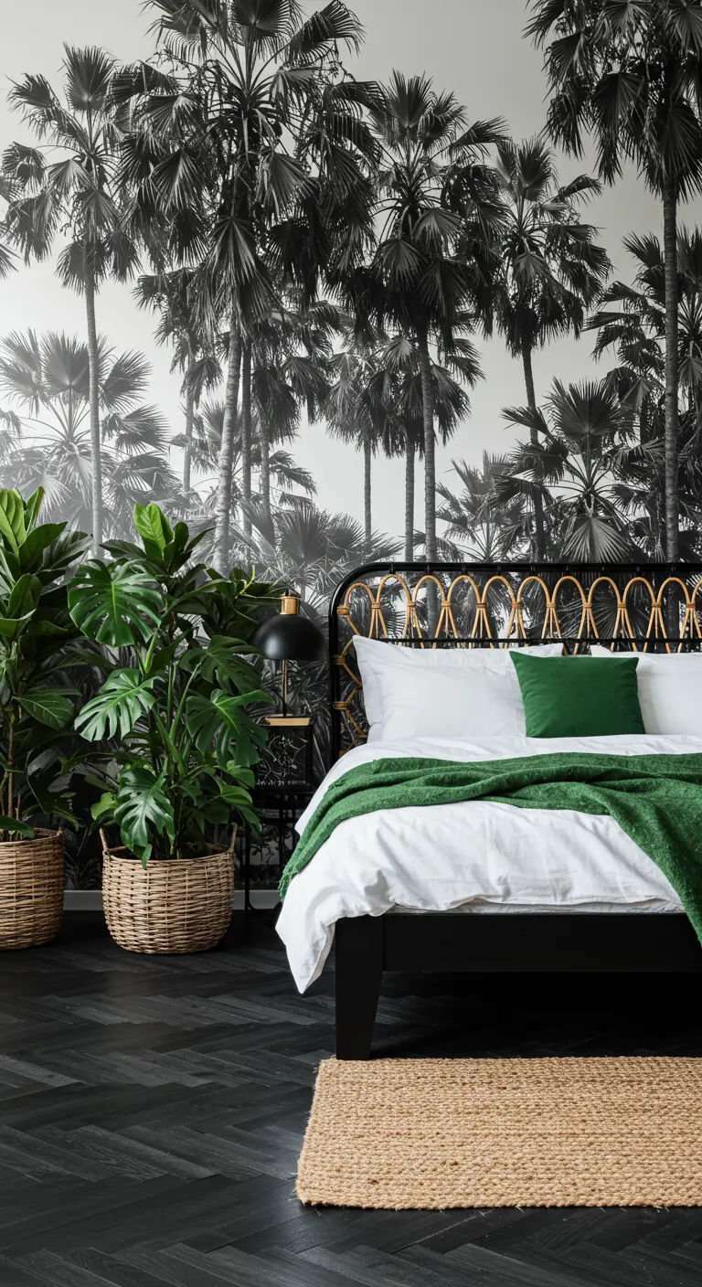 High-contrast bedroom with a black and white palm tree mural and a vibrant green throw pillow.