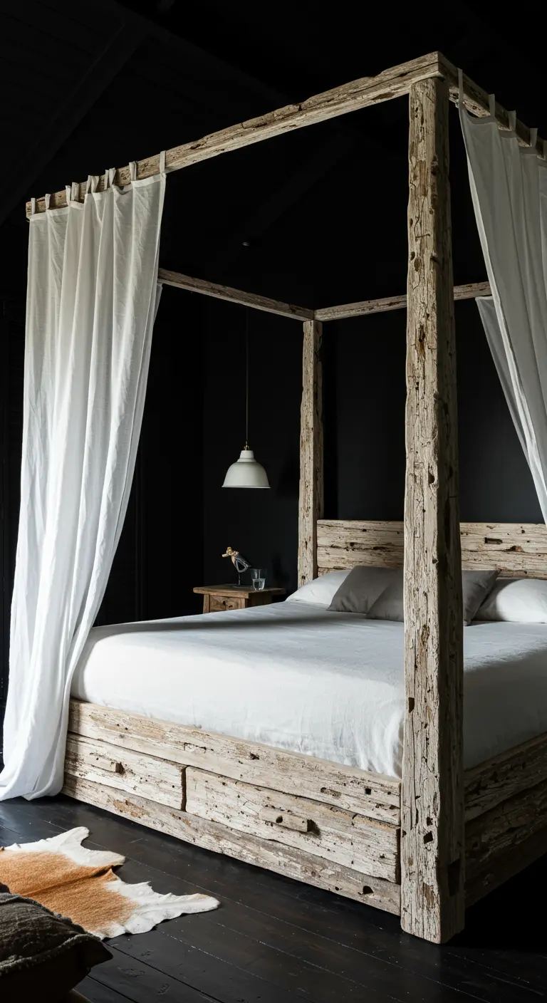 A rustic, whitewashed reclaimed wood canopy bed stands out against dramatic black walls.