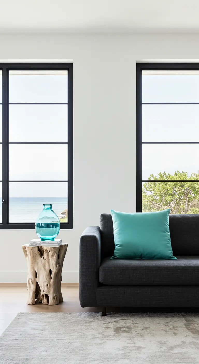 A charcoal grey sofa with a single aqua pillow next to a black-framed window.