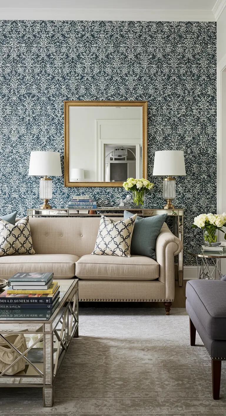 Symmetrical living room with a blue and white damask wallpaper, featuring a mirror and matching lamps.