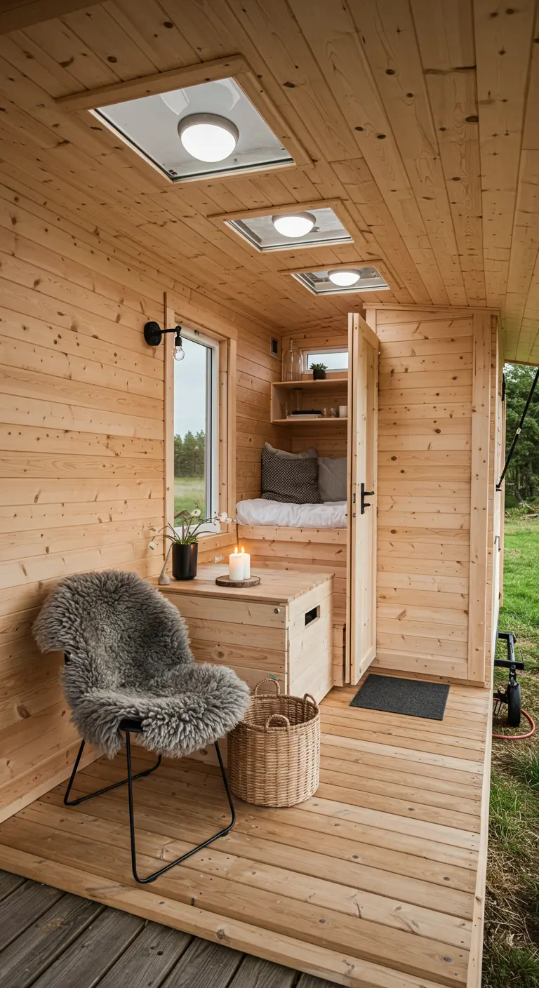 Porch of a wood tiny home with a chair draped in a sheepskin throw.